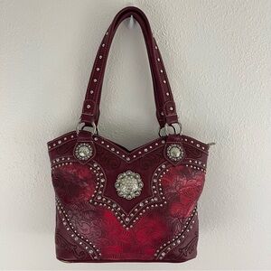AMERICAN BLING Y2K Red Burgundy Faux Tooled Leather Western Studded Shoulder Bag
